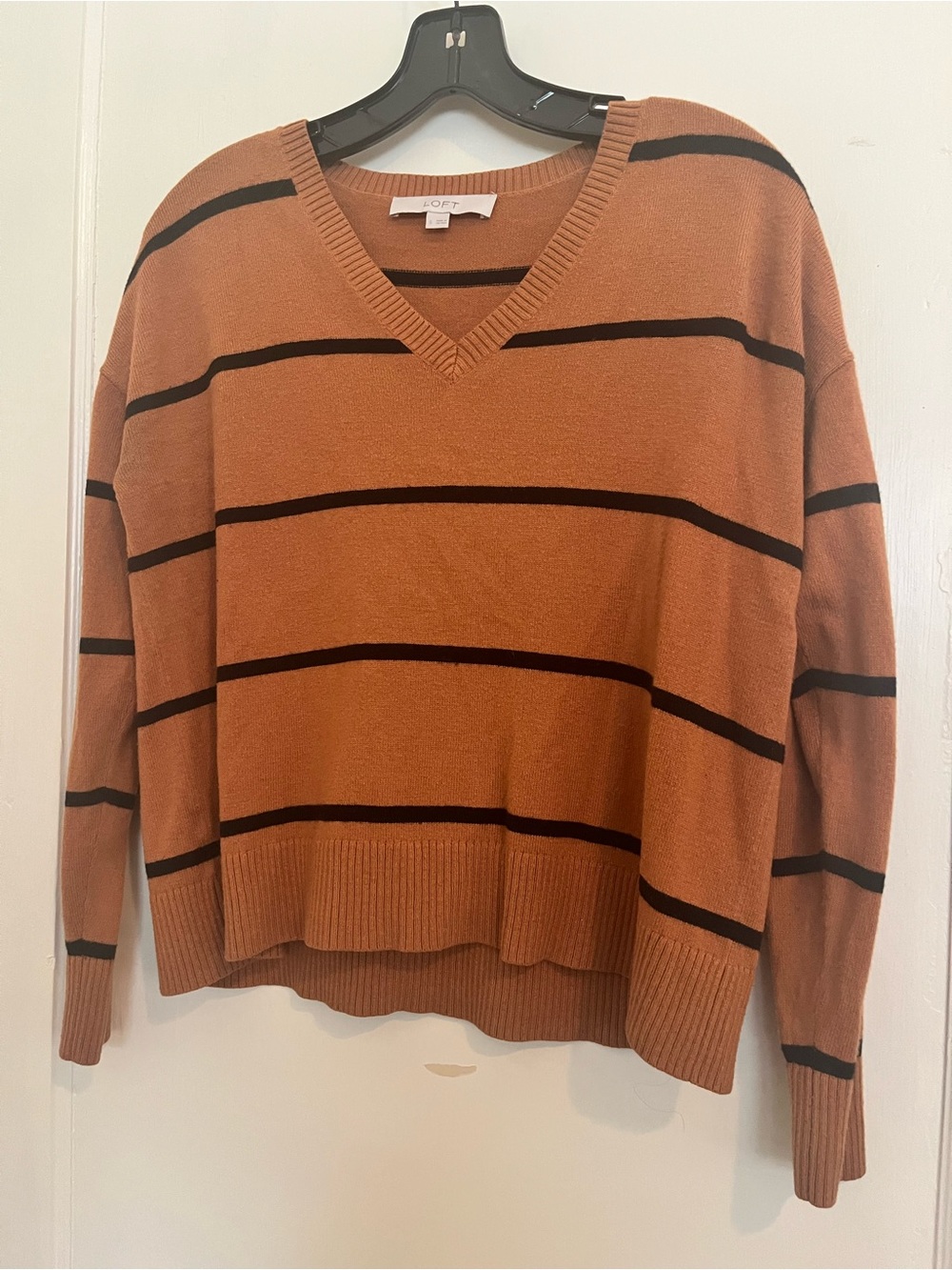 LOFT V-Neck Striped Sweater - Rust and Black